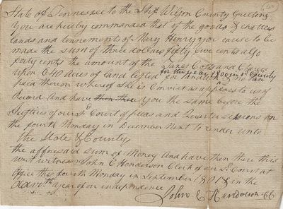 1801 – Order for a Tennessee sheriff to seize the property of a woman convicted of not paying taxes on land that she owned