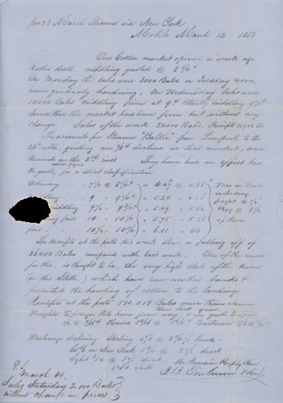 1833 Letter from J. B. Toulmin & Son Reporting the State of the Cotton Market