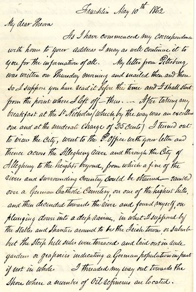 Autograph Letter, Franklin, [Venango County, Pennsylvania] May 10th, 1862, to Theora, Describing a Trip to Pittsburg and Western Pennsylvania
