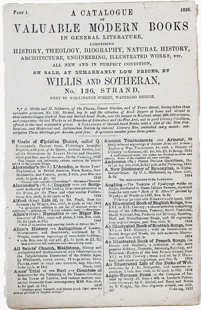 A Catalogue of Valuable Modern Books in General Literature, Comprising History, Theology, Biography, Natural History, Architecture, Engineering, Illustrated Works, Etc. Part 1. 1856.