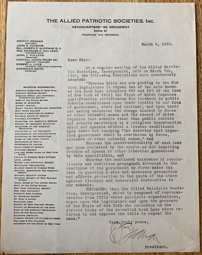 Typed Letter Signed, as President, Allied Patriotic Societies, New York, March 9, 1923, to an unidentified recipient