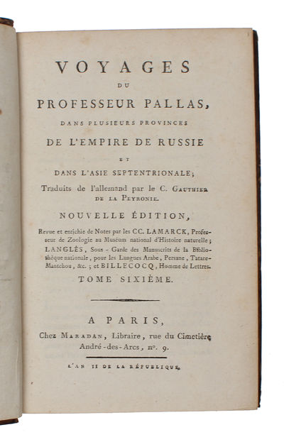 Voyages du Professeur Pallas, dans plusieurs Provinces de L'Empire de Russie et dans L'Asie septentrionale; Traduits de l'allemand par le C. Gauthier de la Peyronie. Nouvelle Édition, revue et enrichie de Notes par le C.C. Lamarck... 8 Vols. (photo 11)
