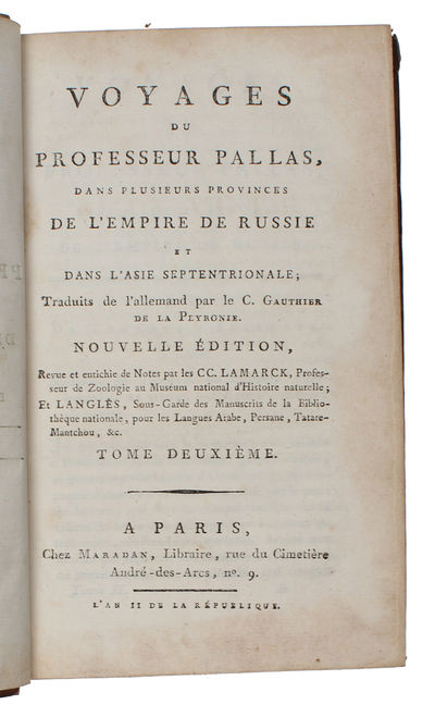 Voyages du Professeur Pallas, dans plusieurs Provinces de L'Empire de Russie et dans L'Asie septentrionale; Traduits de l'allemand par le C. Gauthier de la Peyronie. Nouvelle Édition, revue et enrichie de Notes par le C.C. Lamarck... 8 Vols. (photo 4)