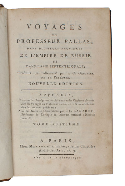 Voyages du Professeur Pallas, dans plusieurs Provinces de L'Empire de Russie et dans L'Asie septentrionale; Traduits de l'allemand par le C. Gauthier de la Peyronie. Nouvelle Édition, revue et enrichie de Notes par le C.C. Lamarck... 8 Vols. (photo 5)