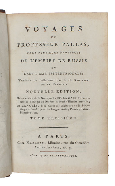 Voyages du Professeur Pallas, dans plusieurs Provinces de L'Empire de Russie et dans L'Asie septentrionale; Traduits de l'allemand par le C. Gauthier de la Peyronie. Nouvelle Édition, revue et enrichie de Notes par le C.C. Lamarck... 8 Vols. (photo 7)