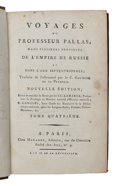 Voyages du Professeur Pallas, dans plusieurs Provinces de L'Empire de Russie et dans L'Asie septentrionale; Traduits de l'allemand par le C. Gauthier de la Peyronie. Nouvelle Édition, revue et enrichie de Notes par le C.C. Lamarck... 8 Vols. (photo 9)