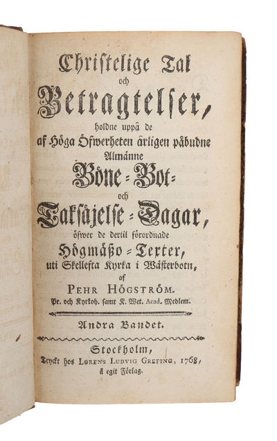 Christelige Tal och Betragtelser, holdne uppå de af Höga Öfwerheten årligen påbudne Almänne Böne=Bot= och Taksäjelse=Dagar, öfwer de dertil förordnade Högmäszo=Texter, uti Skellefta Kyrka i Wästerbotn. 3 Band. (Indbundet med: Joseph Addisons Afhandlin... (photo 3)