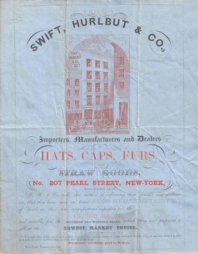 1851 – An impressive multicolor two-page broadsheet for one of the preeminent hat companies in New York