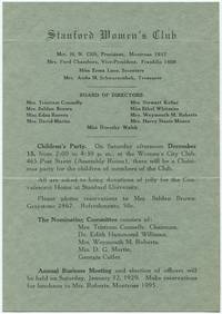 (Handbill invitation): Stanford Women's Club... Children's Party