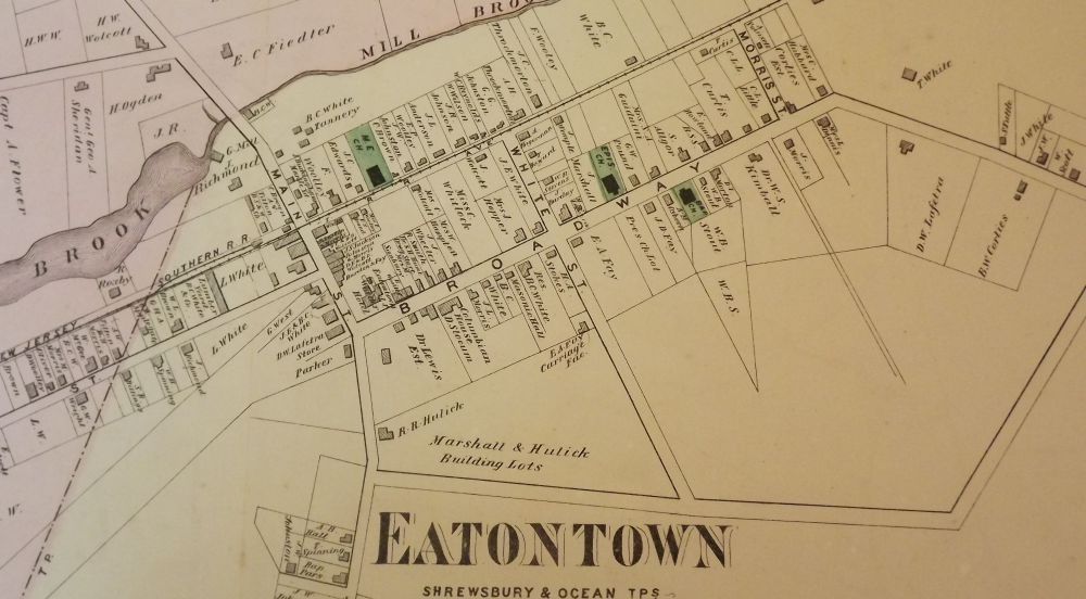 EATONTOWN, NEW JERSEY 1873 MAP by F.W. BEERS ATLAS OF MONMOUTH COUNTY