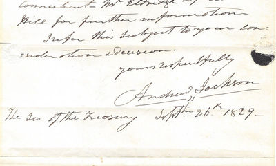 President Andrew Jackson Instructs His Secretary of the Treasury to Select Someone to Serve as Collector of the Port of New London