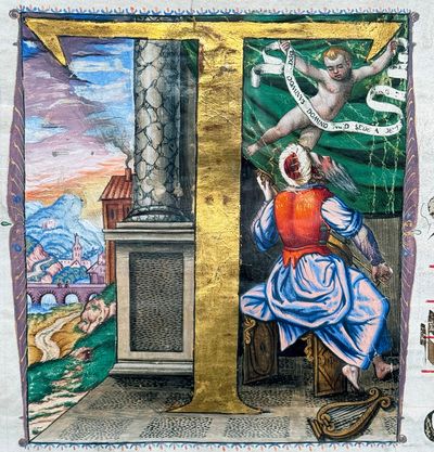 Illuminated Manuscript Leaf from and Antiphonal with Miniature of King David; Psalms 110, 111