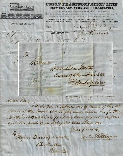 1849 – Shipping document and purchase inquiry from a prominent, but rather infamous Navy Chaplain at Sing Sing, New York, regarding a shipment of books he wished to sell to a Philadelphia bookselling firm which in several years’ time would become a major publishing house