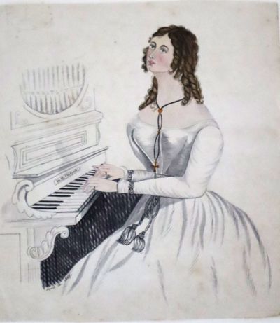 England or Scotland, 1849. Very Good. Bewitching Folk Art portrait of a young woman playing the orga...