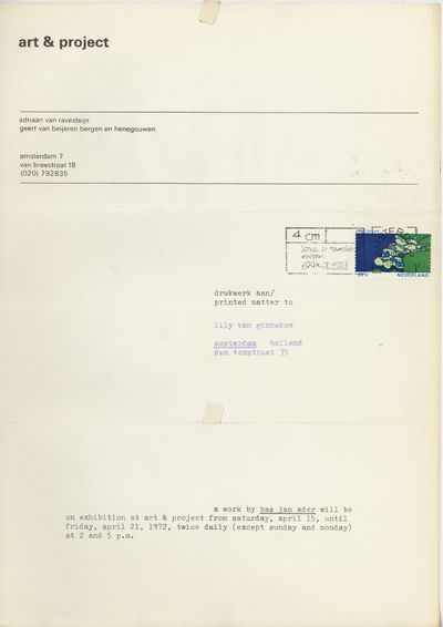 Exhibition announcement: a work by bas jan ader will be on exhibition at art & project… (15-21 April 1972), twice daily (except sunday and monday)