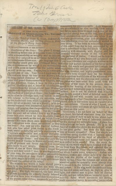 Copy of a Speech Delivered by Daniel W. Voorhees to the Jury in the Trial of John E. Cook, Printed in An Unknown Newspaper