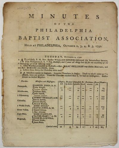 MINUTES OF THE PHILADELPHIA BAPTIST ASSOCIATION, HELD AT PHILADELPHIA, OCTOBER 2, 3, 4, & 5, 1792
