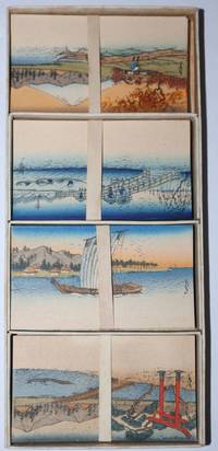 Box of Ninety Place Cards, with four different complete sets of twenty, each set with a small reproduction of a Hiroshiga woodblock scene on one side, the other side, blank for a name to be written, plus a bonus of ten additional cards of that represent an intermediate state of the woodblock printing process for three designs all different than the designs of the complete sets