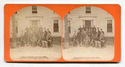 [Stereographic view with some baseball content]: "Hayes House Boarders at New Hampton Lit. Inst. Fall term 1883