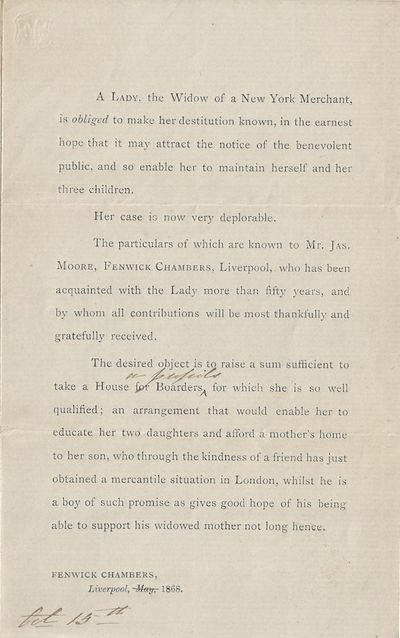 1866 – A fascinating solicitation from a Liverpool merchant seeking funds to purchase a boarding house so the destitute widow of a former New York City associate could support her family