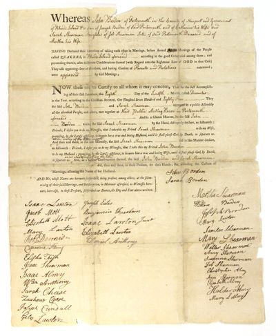 Quaker marriage contract between John Borden and Sarah Shearman