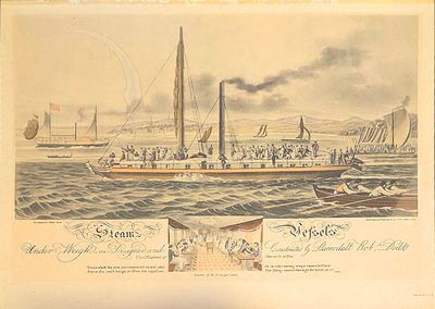 1817 (1907) – Large lithograph advertisement for the prominent British shipbuilder who inspired Robert Fulton, one of whose ships appears in the background
