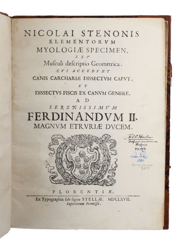 Elementorum myologiae specimen, seu musculi descriptio geometrica. Cui accedunt canis carchariae dissectum caput, et dissectus piscis ex canum genere. - [ "THE FIRST OUTLINE OF A SCIENTIFIC THEORY OF THE DEVELOPMENT OF THE EARTH" ] (photo 3)