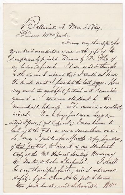 Baltimore, , 1869. Folded, else near fine.. pp. Bifolium. 5 x 8 inches. March 2nd, 1869. Letter from...