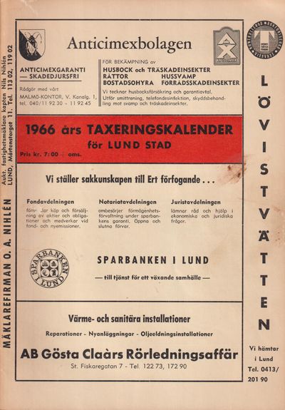 1966 års taxeringskalender för Lund stad. Utgiven…