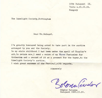 Typed letter signed in purple ink to Mr. B.A. Godward of the Limelight Society in Nottingham
