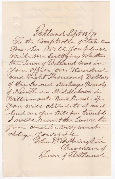 [ALS] Treasurer of Portland, Connecticut Writes the State Comptroller James W. Manning, to Settle Debt with the New Haven Middletown & Willimantic Rail Road