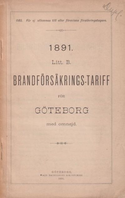 Brandförsäkrings-tariff för Göteborg med omnejd.…