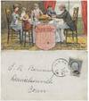 1885 – An attractive advertising trade card for men’s cuffs and collars features a colorful illustration of the owner’s family sitting down to enjoy a turkey at their Thanksgiving dinner was sent through the mail, presumably in late November of that year