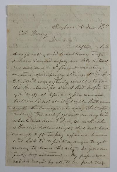 [Letter from a Cotton Planter in North Carolina, Discussing the Use of Slaves As Collateral]