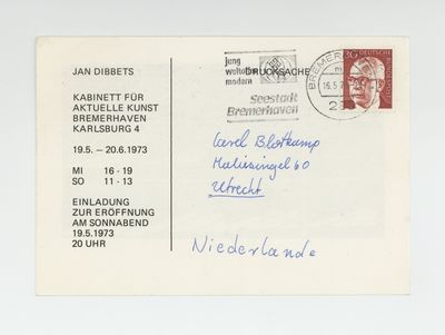 Exhibition postcard: Jan Dibbets (19 May-20 June 1973)