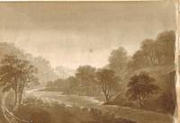 'Vale of Rodborough View from Woodchester Park Gloucestershire' Wooded river valley with lane to...