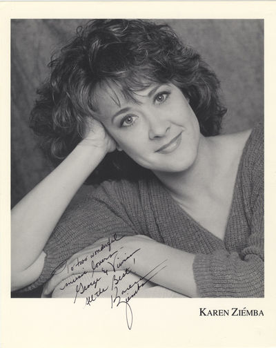 Bust-length photograph of the noted American singer, actress, and dancer signed in full and inscribed "To two wonderful music lovers - George & Vivian All the Best! Karen Ziemba