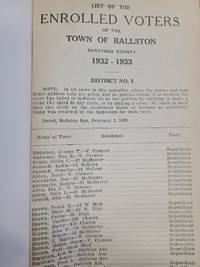 LIST OF THE ENROLLED VOTERS OF THE TOWN OF BALLSTON, SARATOGA COUNTY  1932-1933