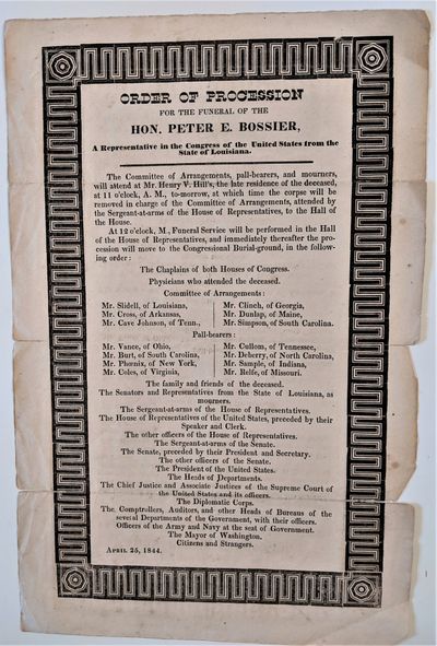 Order of Procession for the Funeral of the Hon. Peter E. Bossier, A Representative in the Congress of the United States from the State of Louisiana...[Caption title]..