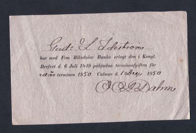 [Betald terminsavgift i Kalmar 1850]