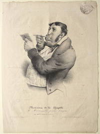 Musiciens de la Chapelle. M. l'Abbé Loup. M. Montaugibet, premier Trompette. aiv: Ah! le bel oiseau maman. Lithograph by Benard after Charles Joseph Traviès de Villers depicting a rather large gentleman in formal dress, half-length, playing a tiny toy trumpet, music in hand