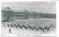 WWII Era Recruits Performing Calesthenics @ US Army Reception Center, New Cumberland, PA - 1940s War Bonds Promotional Postcard by W.R. Thompson & Co., Publishers - ca 1940-5