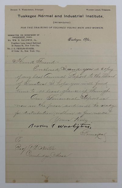 [Letter, Signed, from Booker T. Washington to Professor C.E. Norton]