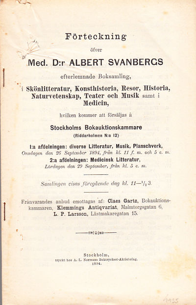 Förteckning öfver med. d:r Albert Svanbergs…