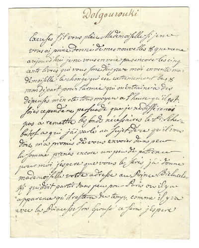 Manuscript Letter, in French, by Prince Vladimir Petrovich Dolgorukov