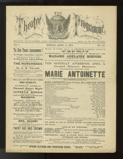 Program for The Globe Theatre featuring Ristori in a performance of Paolo Giacometti's Marie Antoinette