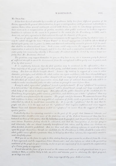 Proof copy of a printed circular letter, unsigned, undated – which later bore Sargent’s name, dated Washington, June 23, 1858