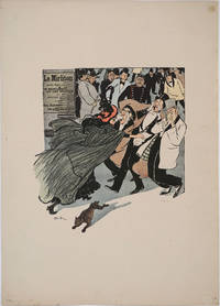 image of "Le Mirliton". Street woman armed with wine bottle and upper crust gentlemen. Parisian journal advertisement, color poster