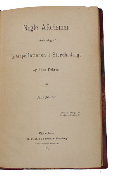 Nogle Aforismer i Anledning af Interpellationen i Storehedinge. og dens Følger. - [GUSTAV WIEDS UHYRE SJÆLDNE DEBUT] (photo 3)