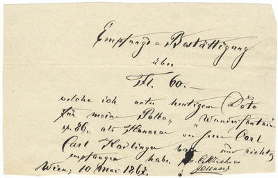 Two manuscript receipts for royalties from the publisher Carl Haslinger, each signed "CM Ziehrer